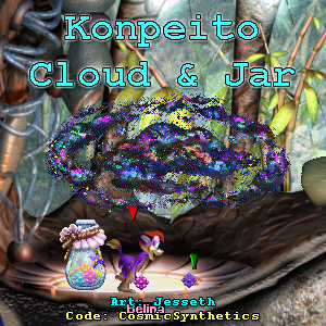 Chichi norn with swirling black a sparkle cloud overhead with konpeito candy on the ground