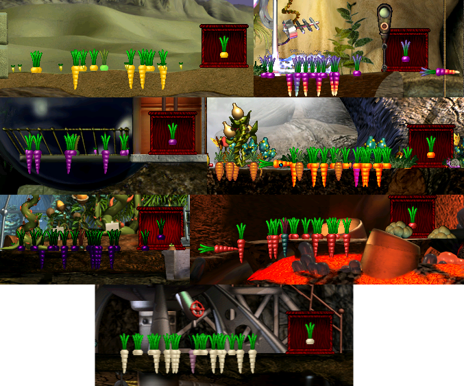 screenshots of rainbow colored carrots growing in different locations of C2toDS