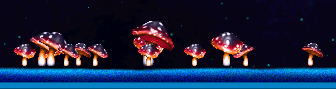 Red and black mushrooms in a row with stars in the background