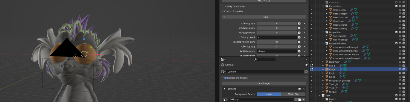 A split panel screenshot of Blender with a 3d norn model on the left and control and properties panel on the right