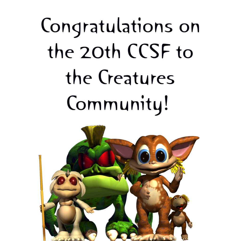 White poster image with c2 promotional artwork congratulating the Creatures community on the 20th anniversary of CCSF