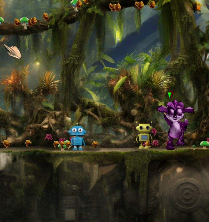 a purple norn with two robot toys inside the jungle ruins metaroom