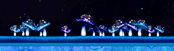 line of mushrooms with dark caps, blue rims and white stalks