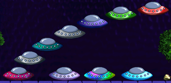 Colorful ufo plushies arrange in a 'V' formation